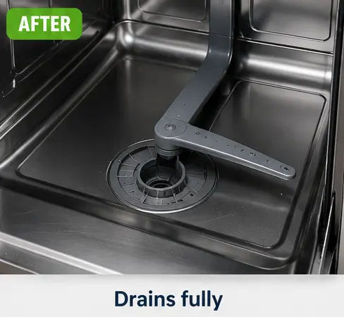 Interior of a Whirlpool dishwasher completely drained and clean.
