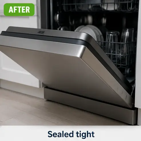 Close-up of a Bosch 300 dishwasher with a secure, dry door seal.