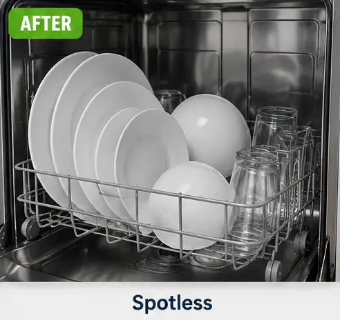 Interior of a KitchenAid dishwasher with spotless and clean dishes.