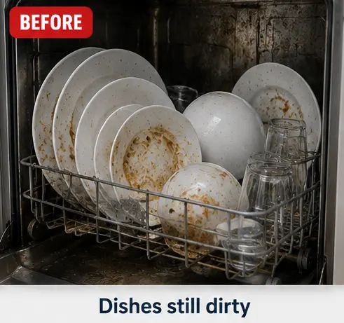 Interior of a KitchenAid dishwasher with soiled plates and food debris.