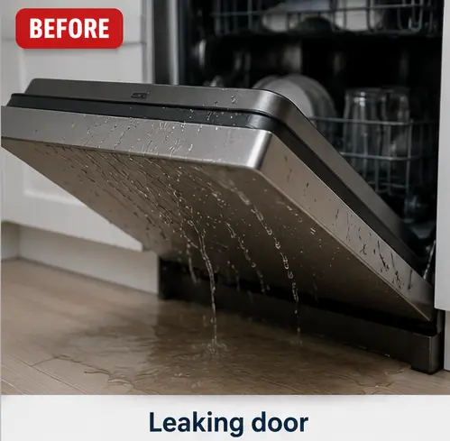 Close-up of a Bosch 300 dishwasher leaking water onto the floor.