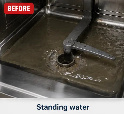 Interior of a Whirlpool dishwasher filled with murky standing water.