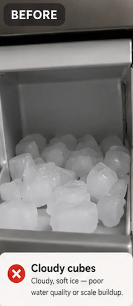 Ice machine bin filled with cloudy and soft ice cubes due to scale buildup.