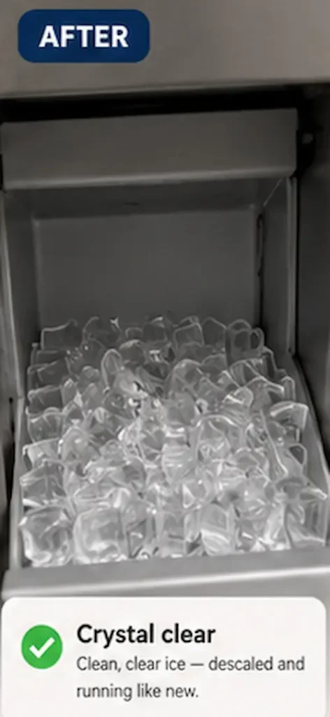 Ice machine bin filled with clean and crystal-clear ice cubes after descaling.