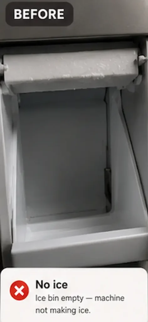 Empty commercial ice machine bin showing a complete lack of ice production.