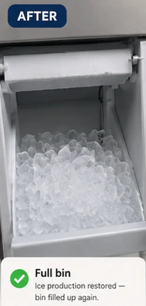 Commercial ice maker storage bin filled with fresh ice cubes after service.