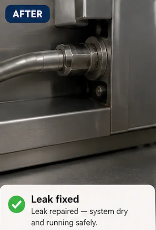 Dry and secure water connection fitting on a commercial ice machine after repair.