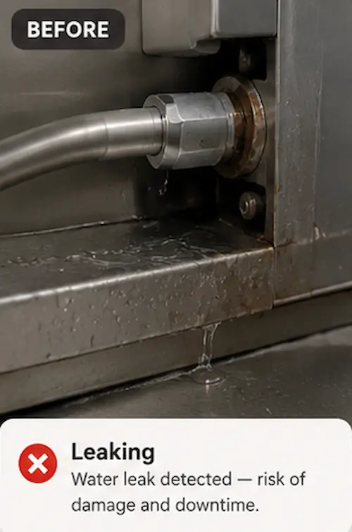 Water leaking from the connection fitting of a commercial ice machine.