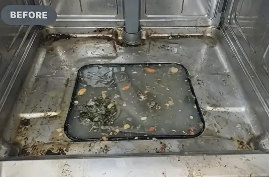 Before dishwasher repair detroit michigan showing a dirty stainless steel basin and clogged filter