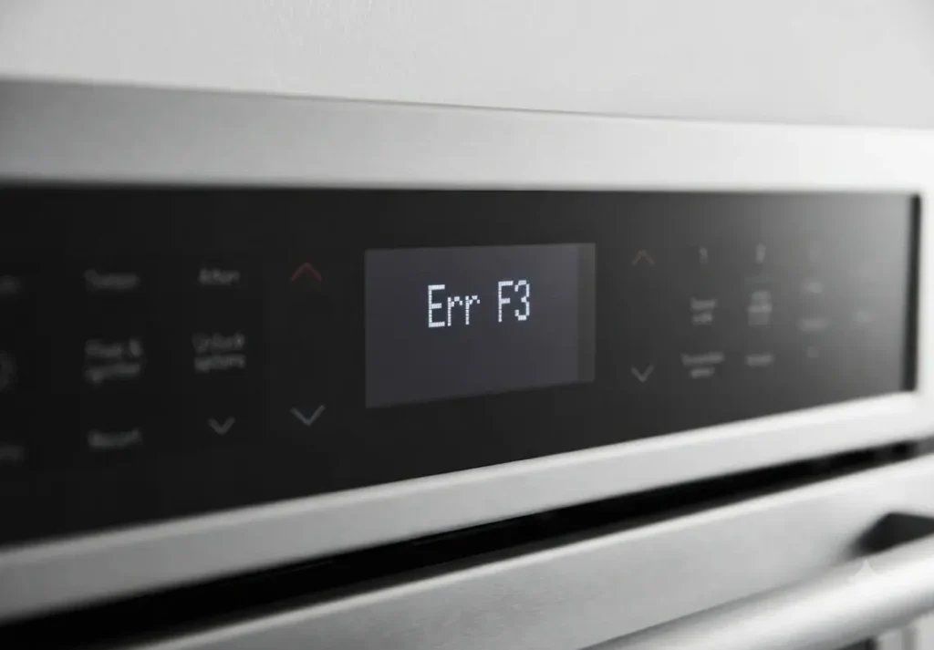 KitchenAid wall oven control panel displaying an error code and incorrect temperature before calibration.