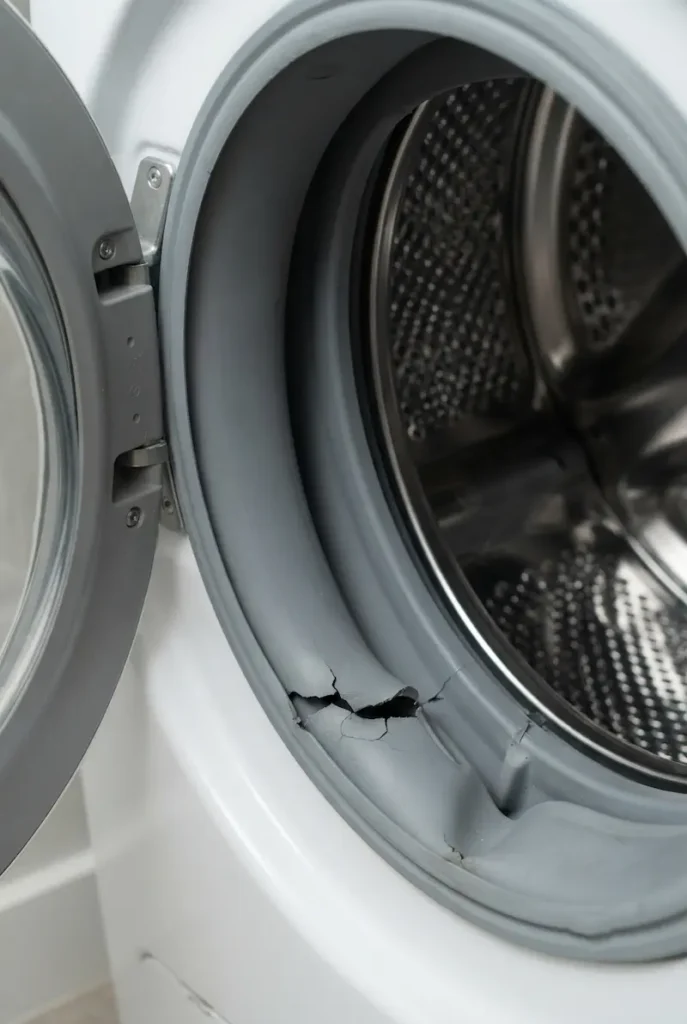Detailed shot of a significant tear in the bottom fold of a grey rubber washing machine door seal.