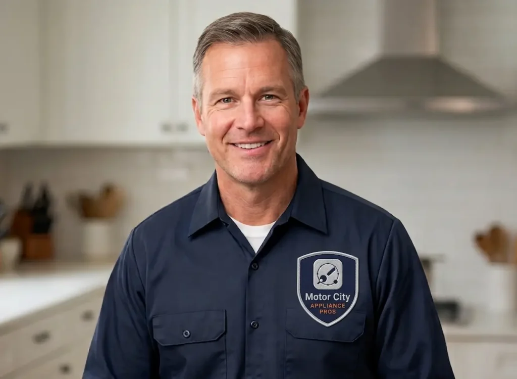 Marcus Bell, founder of Motor City Appliance Pros, providing expert appliance repair in a Detroit, Michigan kitchen. Our trusted Detroit appliance repair company offers licensed and insured local service.