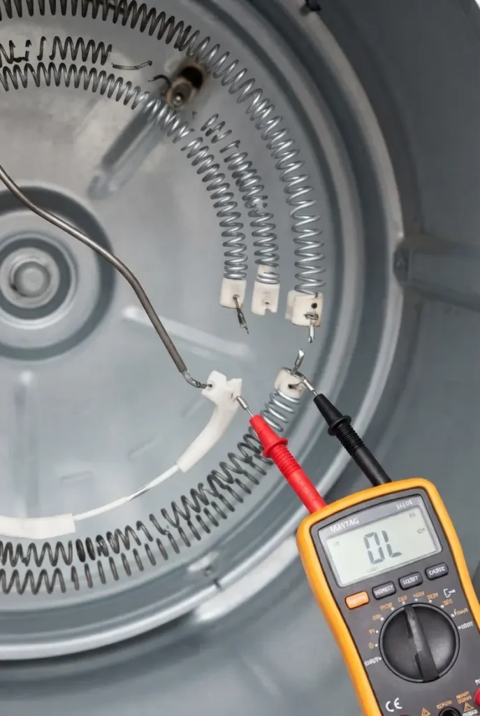 Close-up inside a Maytag electric dryer showing a pristine, newly installed heating element coil.