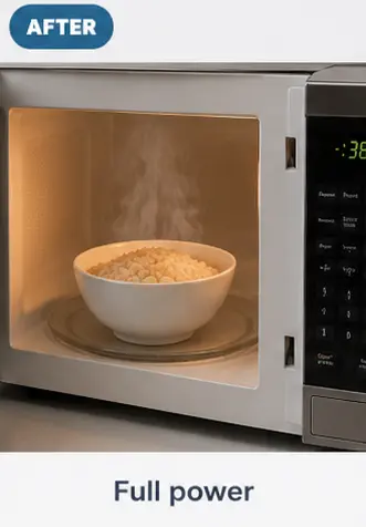 Microwave operating at full power with steaming food inside after repair.