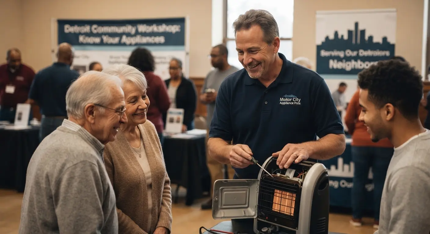 Friendly technician explaining appliance maintenance to local residents during a community workshop event.