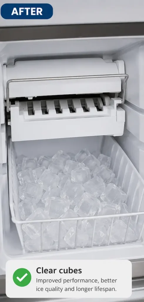 Ice maker unit fully cleaned with clear ice cubes in the storage bin.