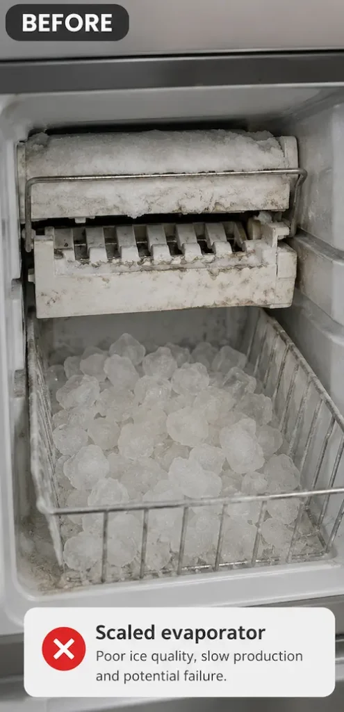 Ice Machine Repair Detroit Michigan - Before image of scaled ice maker evaporator causing slow production.