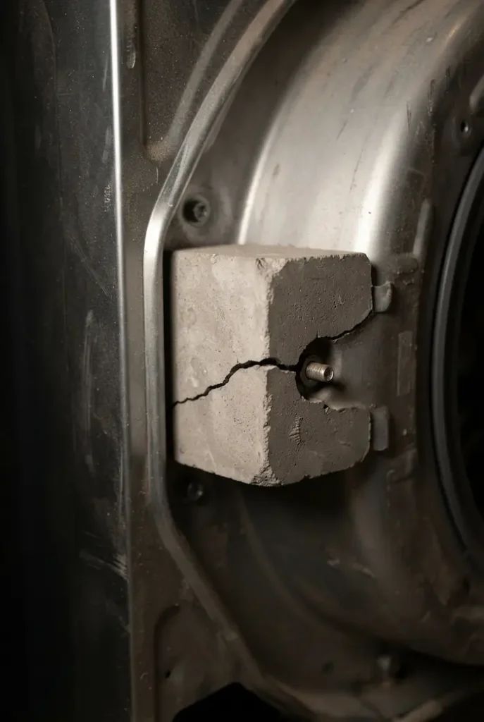Rear view of a washing machine tub with a broken concrete block weight; a large fracture is visible near the bolt.