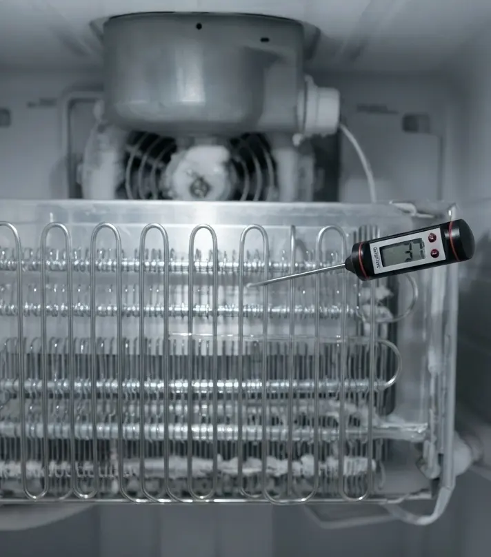Clean refrigerator freezer interior with clear evaporator coils and a digital thermometer showing 37 degrees Fahrenheit.