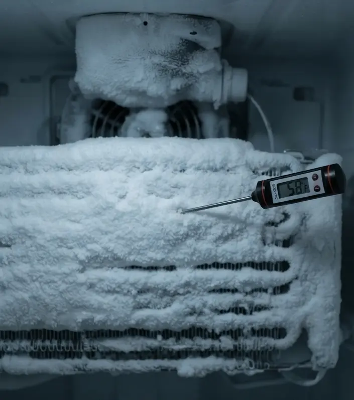 Close-up of frost-covered refrigerator evaporator coils with a digital thermometer displaying 58 degrees Fahrenheit.