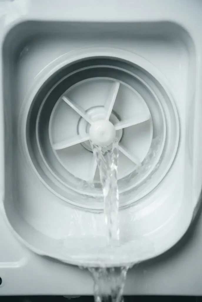 Clean washing machine drain pump filter area with water streaming rapidly and smoothly past the clear white impeller.
