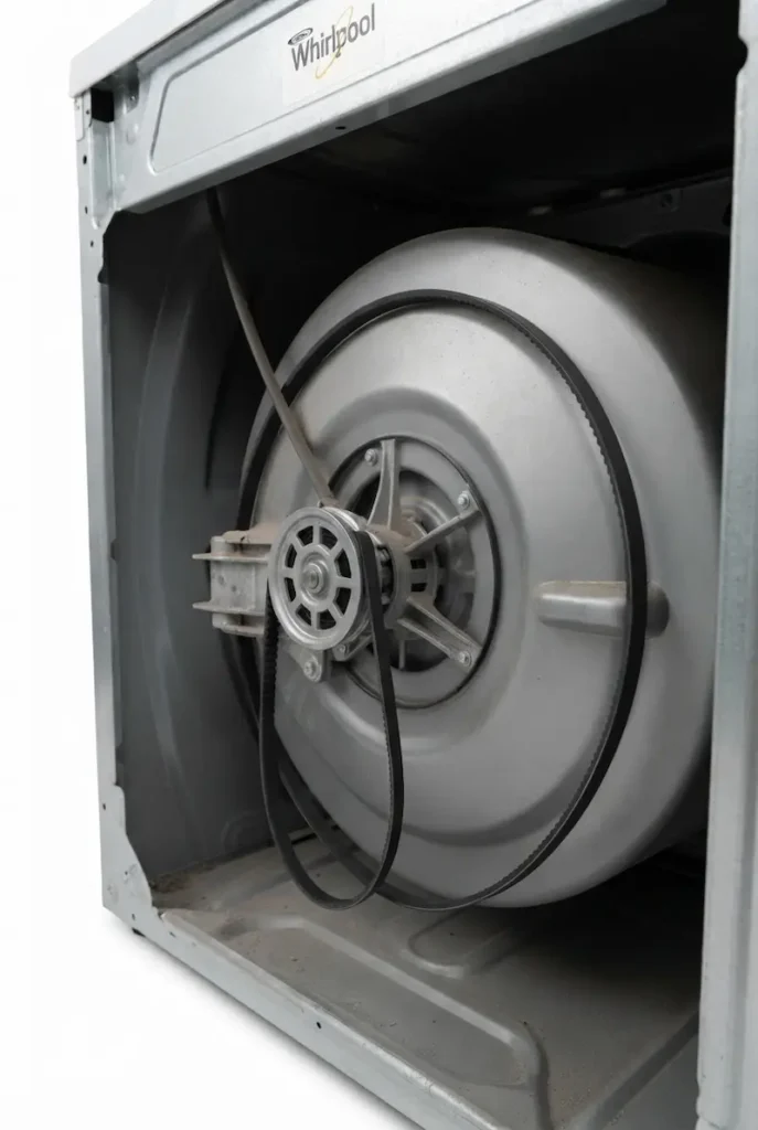 Close-up of a Whirlpool dryer interior showing a properly routed, new black rubber drive belt.