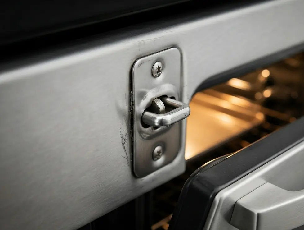 Repaired Whirlpool oven door showing the latch unlocked and the door slightly ajar with the interior lit.