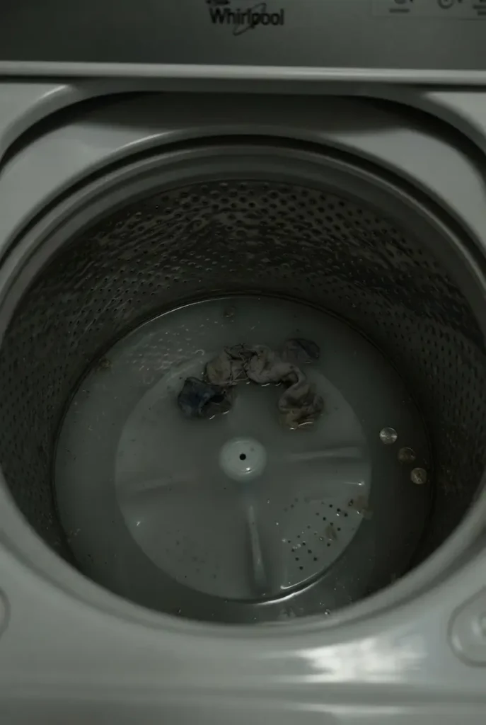 Close-up inside a washing machine drum showing a pool of murky water covering the agitator base and floating lint.