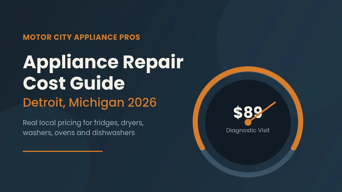 Dashboard style graphic showing 89 dollar appliance repair diagnostic cost in Detroit Michigan