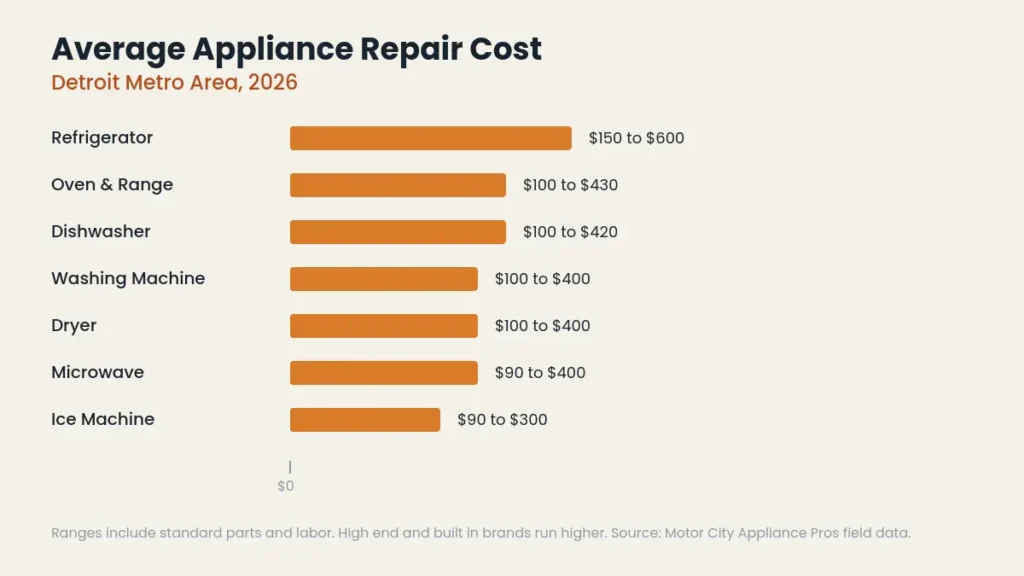 Bar chart comparing average repair cost for refrigerator dryer washer oven dishwasher microwave and ice machine in Detroit