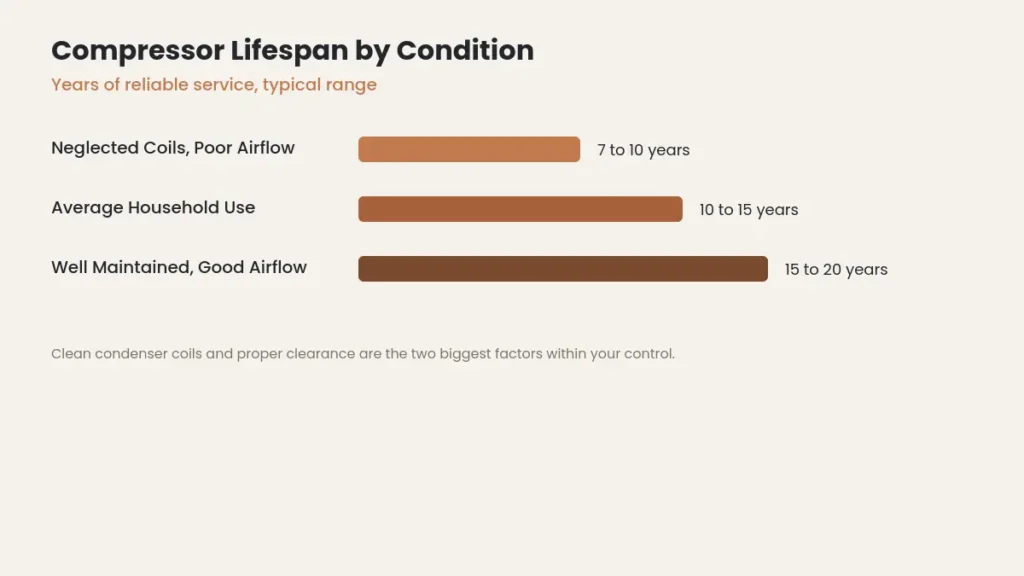 Bar chart comparing compressor lifespan in years for neglected coils average use and well maintained units