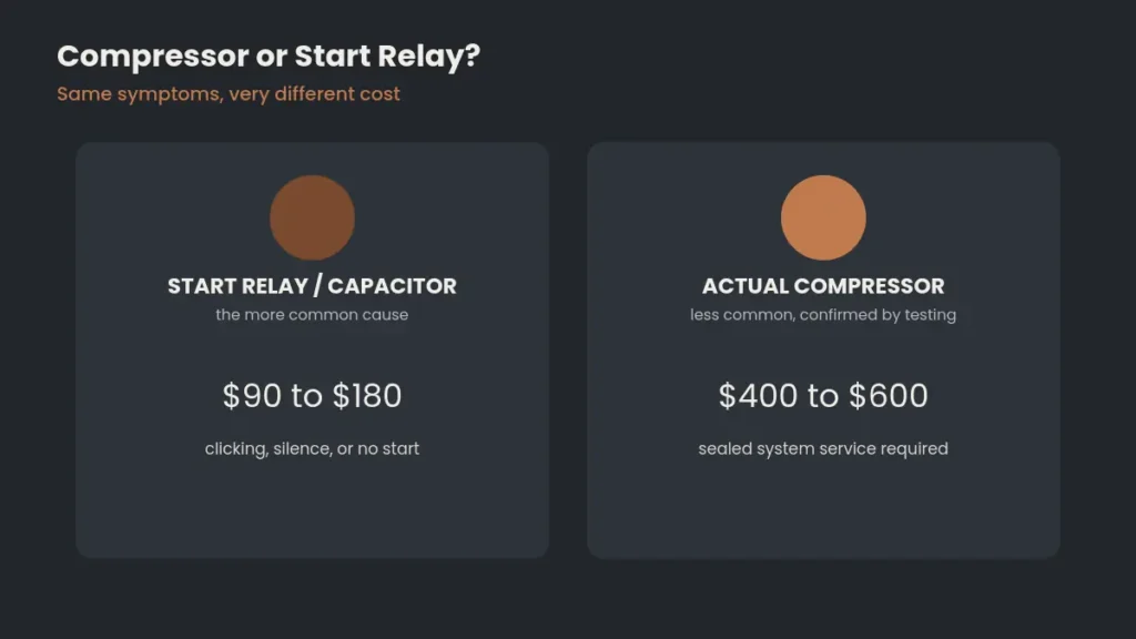 Side by side comparison of repair cost for a failed start relay or capacitor versus an actual failed compressor