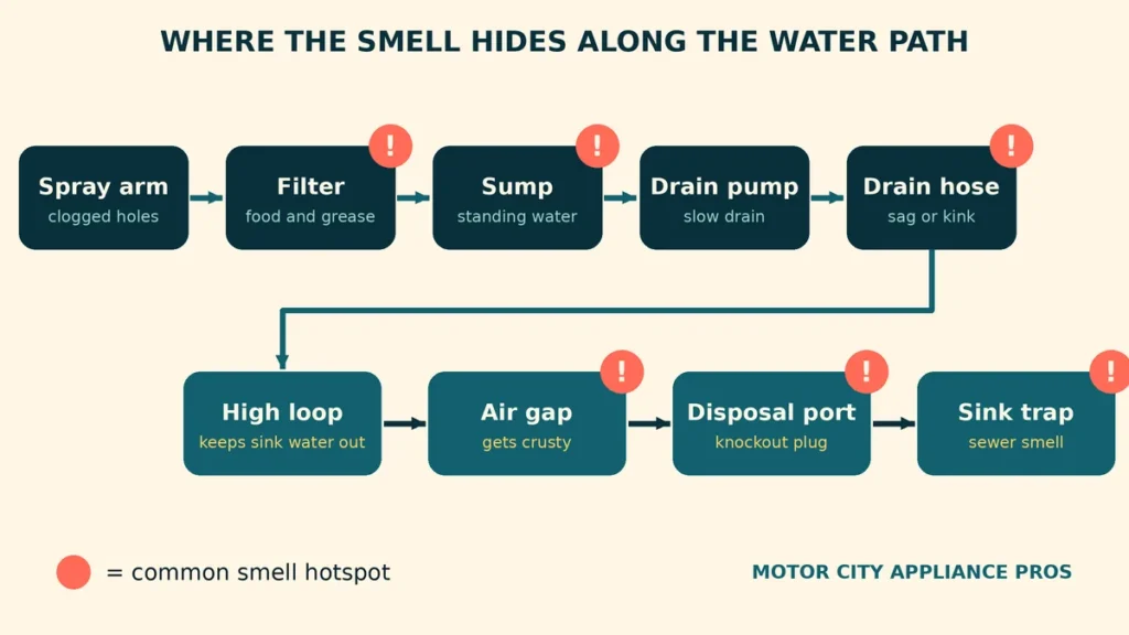 Flow diagram of a dishwasher water path from spray arm to sink trap with smell hotspots marked