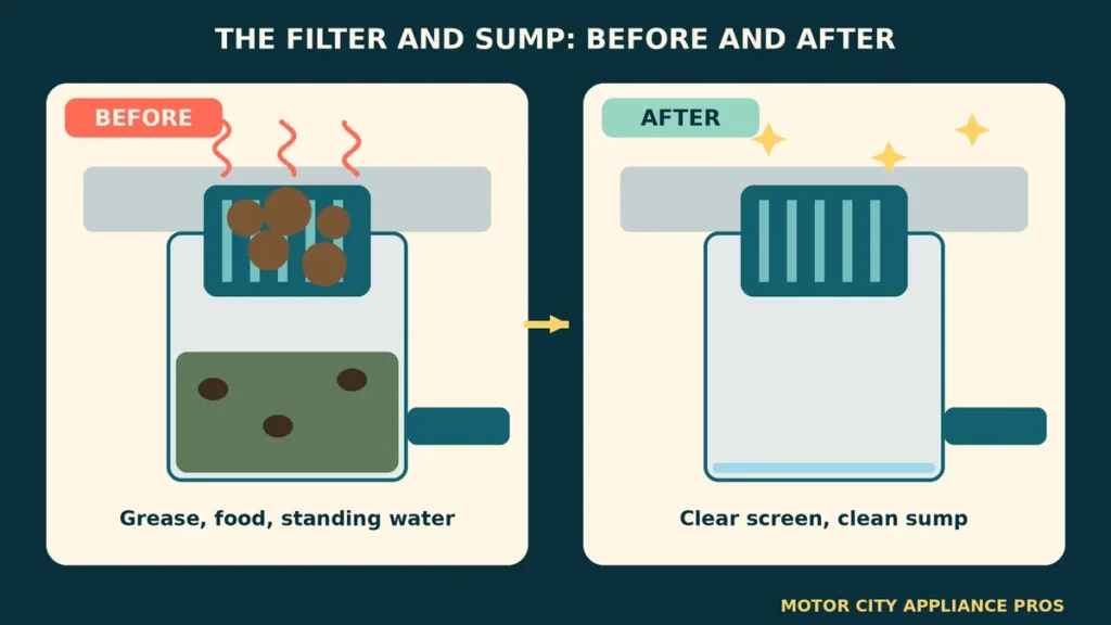 Before and after cutaway of a dishwasher filter and sump, dirty with grease on the left and clean on the right