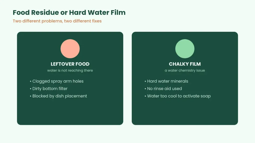 Side by side comparison of leftover food residue causes versus hard water film causes on dishes