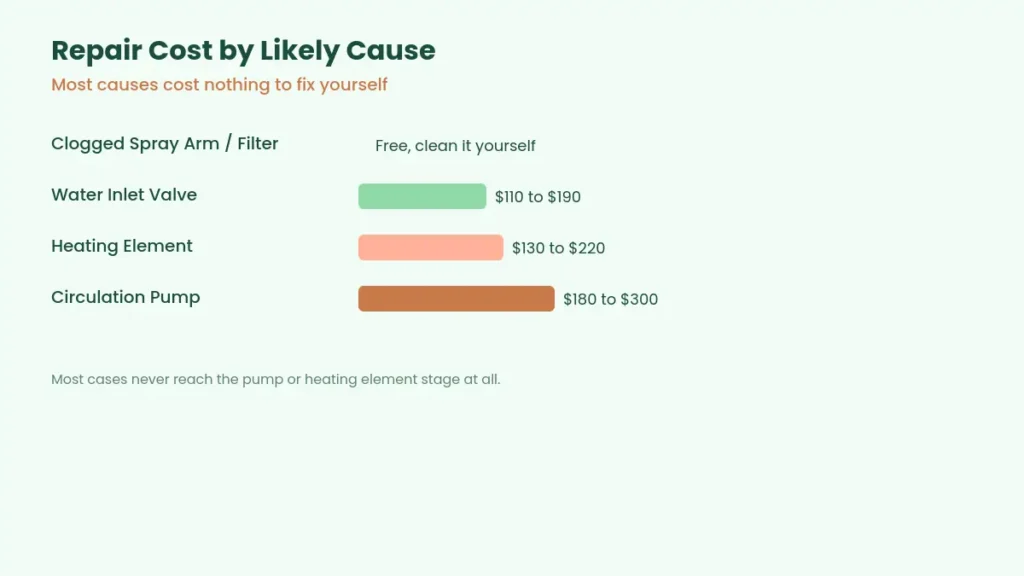 Bar chart comparing repair cost for clogged spray arm water inlet valve heating element and circulation pump