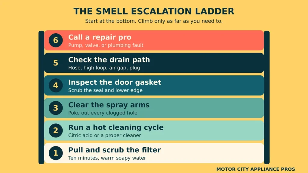 Six step escalation ladder for fixing a smelly dishwasher, from scrubbing the filter to calling a repair pro