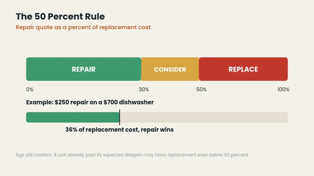 Three zone bar graphic showing repair consider and replace zones based on percent of appliance replacement cost