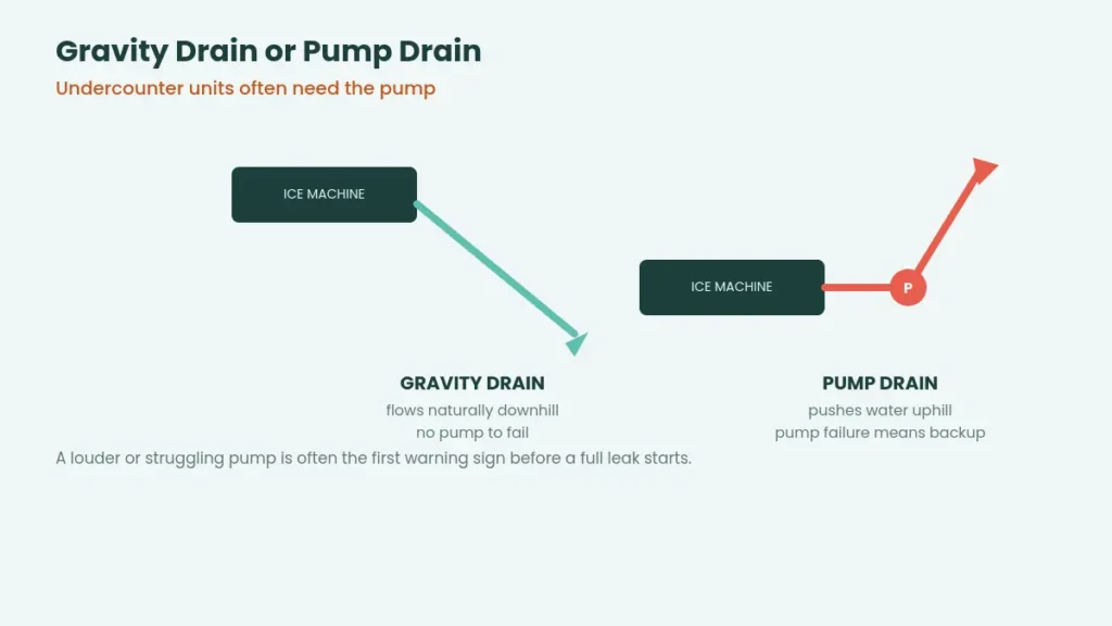 Comparison diagram showing a gravity drain flowing downhill versus a pump drain pushing water uphill