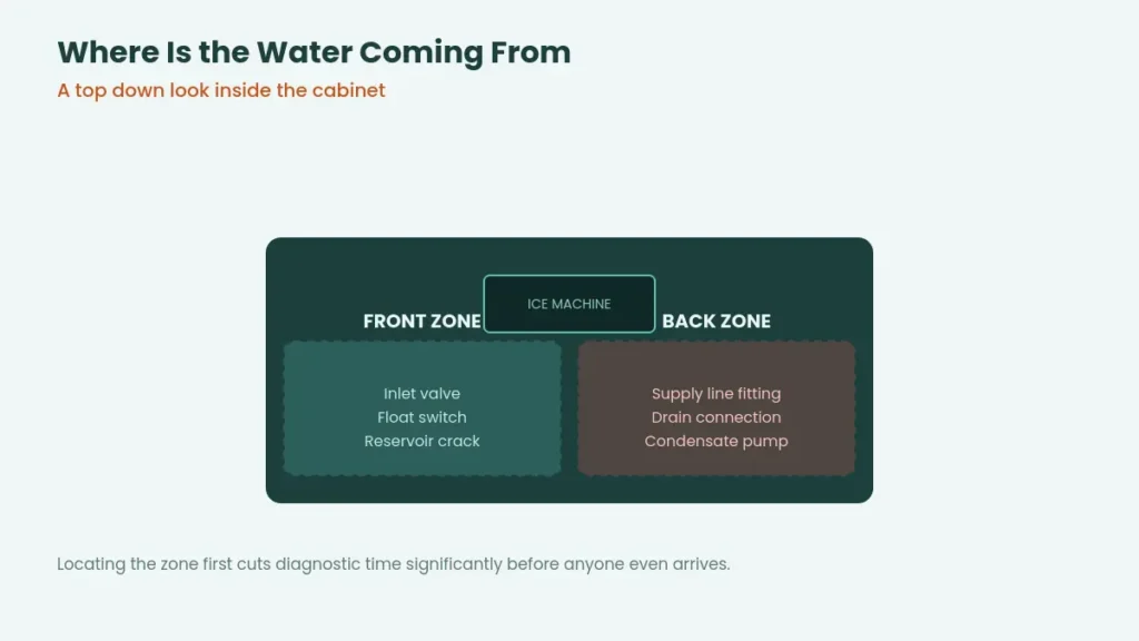Top down diagram splitting an undercounter ice machine into a front zone and a back zone for leak diagnosis