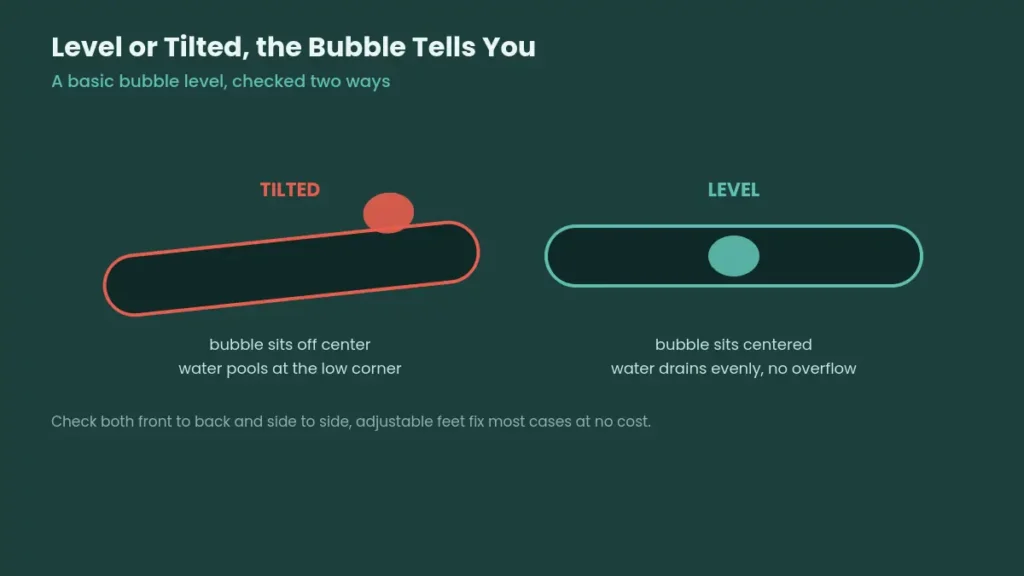 Illustration comparing a tilted bubble level with an off center bubble to a level one with a centered bubble