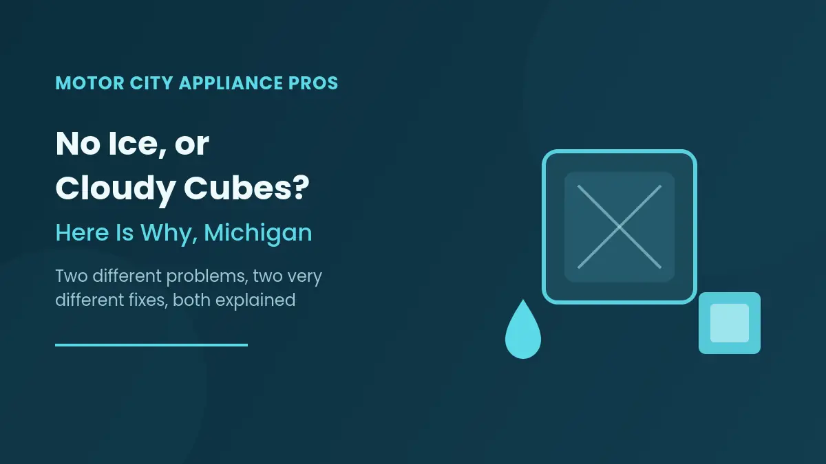 Illustration of an ice cube icon with an X mark next to a water droplet and a small clear ice cube