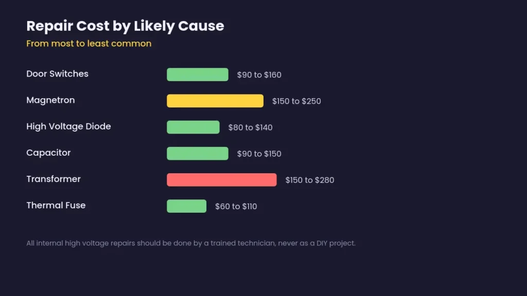 Bar chart comparing repair cost for door switches magnetron diode capacitor transformer and thermal fuse