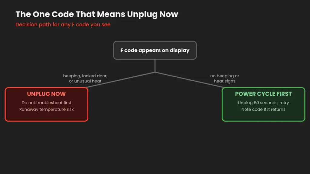 Decision flowchart showing when to unplug an oven immediately versus when to power cycle after an F code
