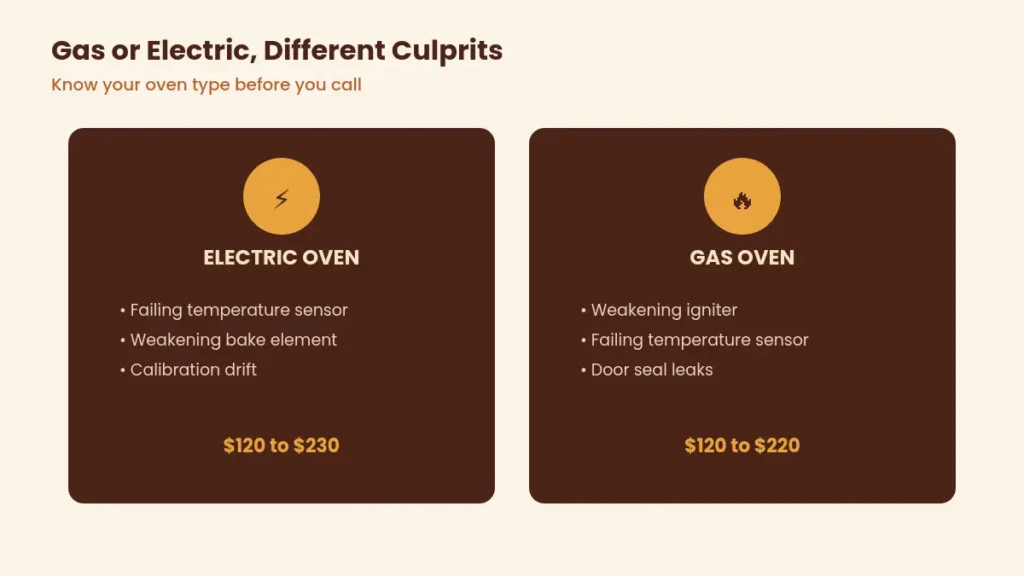 Side by side comparison of common temperature causes for electric ovens versus gas ovens with repair cost ranges