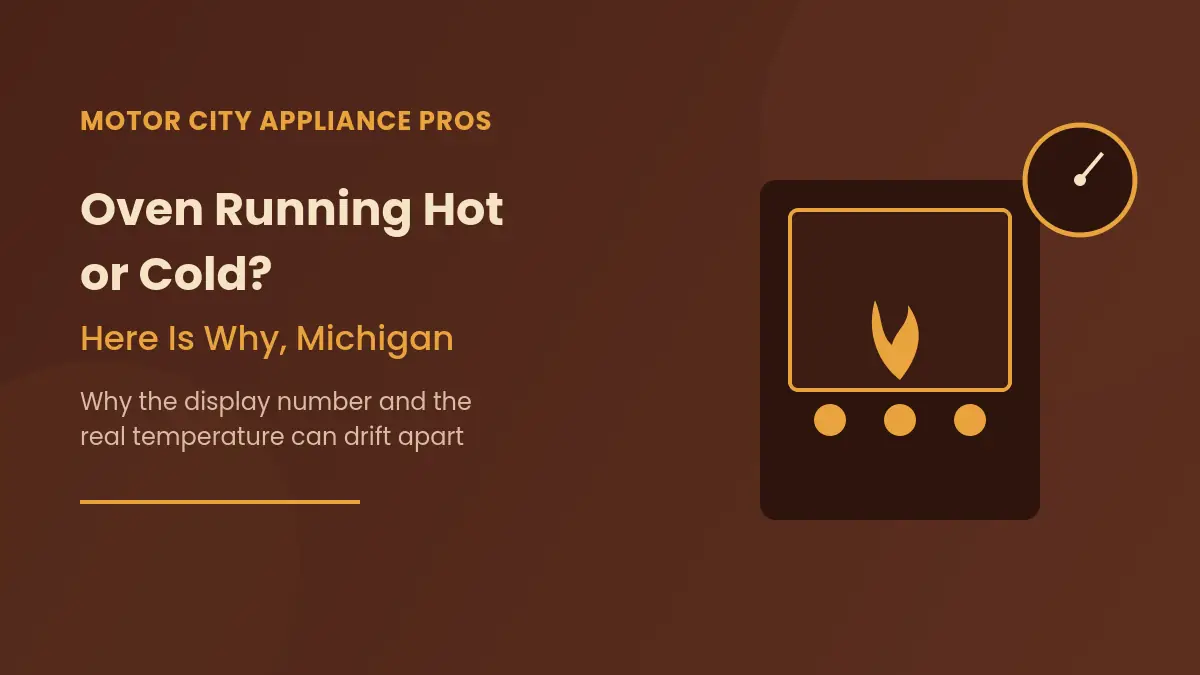 Illustration of an oven control panel with a flame icon and a thermometer gauge showing a temperature mismatch