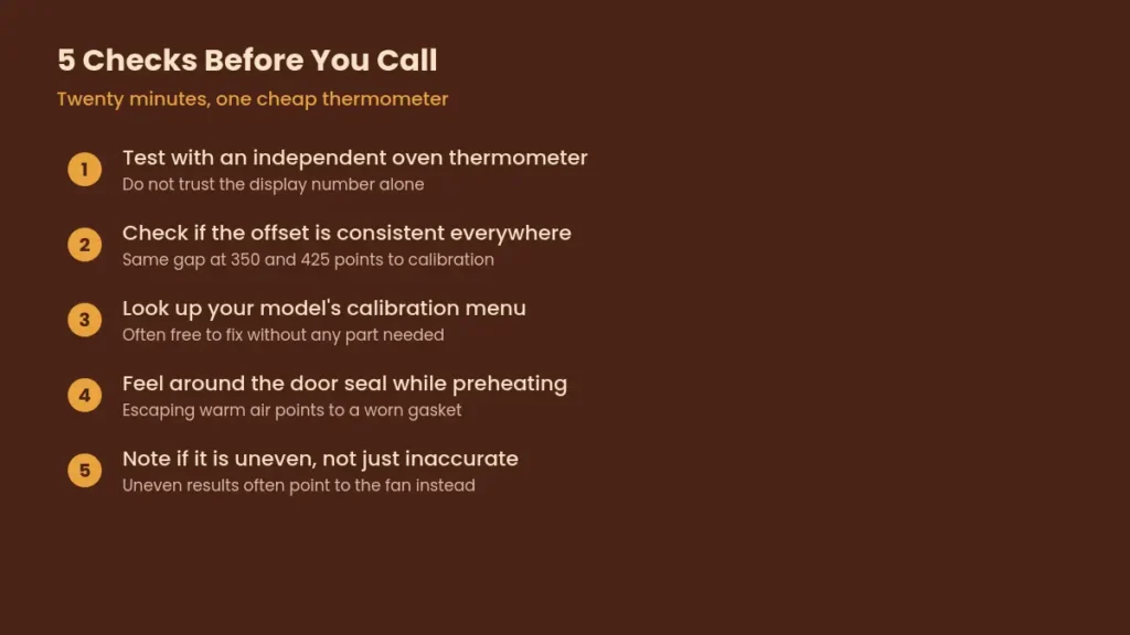 Five step checklist graphic for checking an oven's temperature accuracy before calling an appliance repair technician