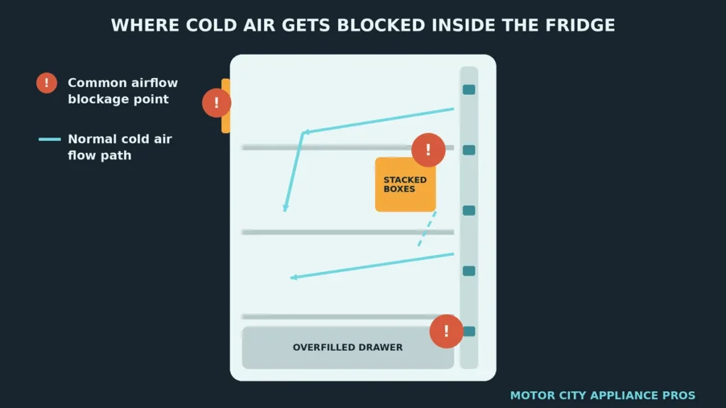 Interior zone map of a refrigerator showing the cold air vent path and common blockage points like stacked boxes and an overfilled drawer