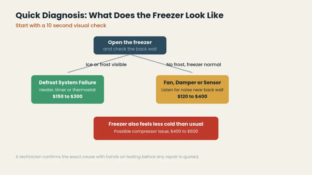 Flowchart showing whether frost in the freezer points to a defrost failure fan issue or compressor problem