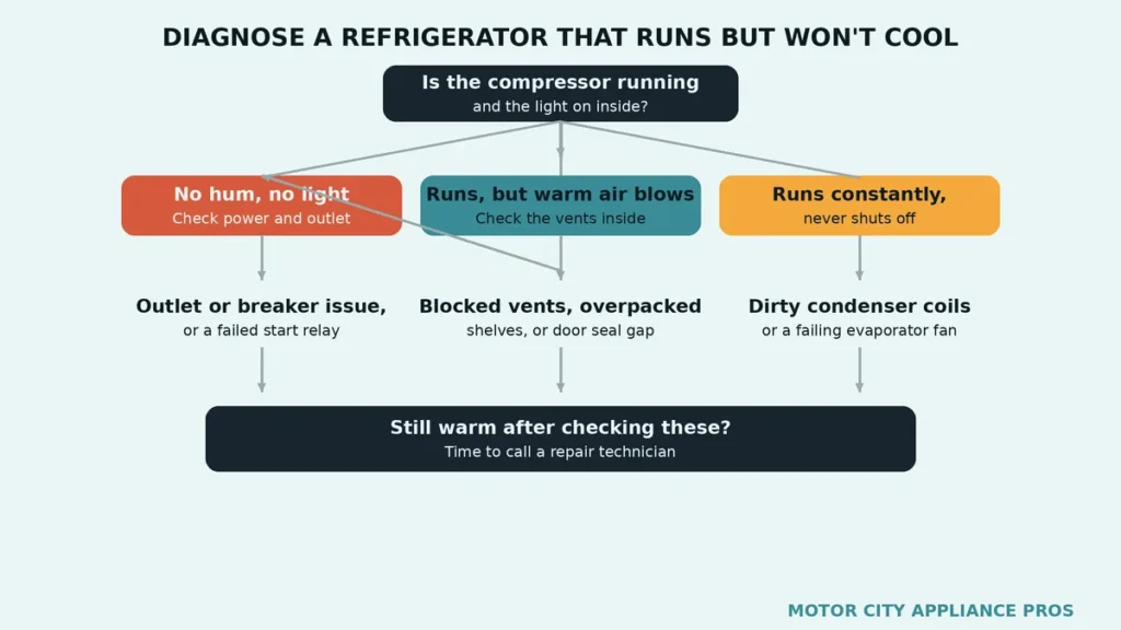 Flowchart for diagnosing a refrigerator that runs but does not cool, branching from compressor sound to likely causes